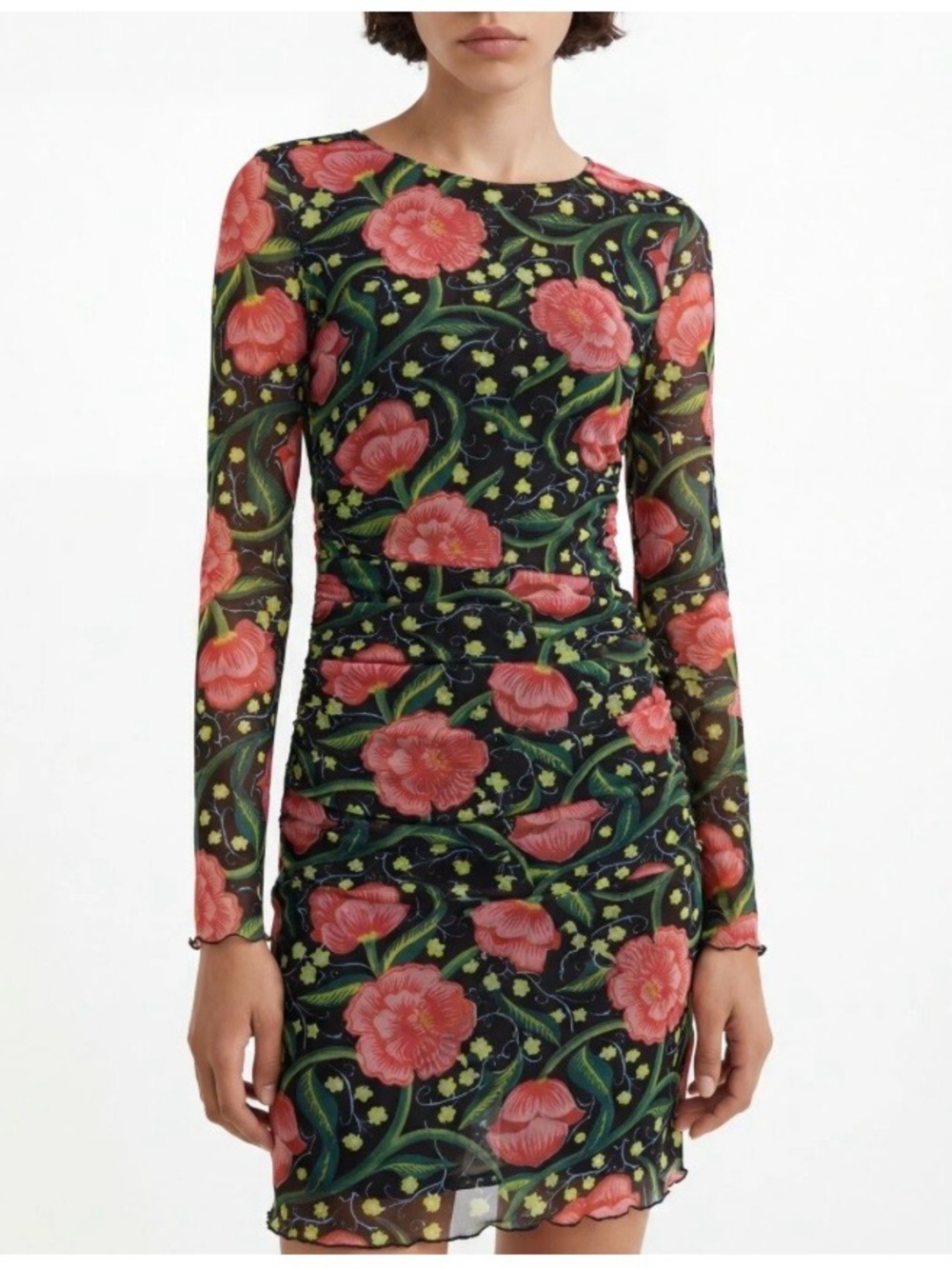 Desigual 🌺Black Mesh Long-Sleeve Dress with Pink Floral Print